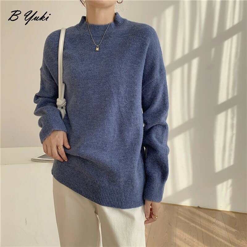 Blesyuki-suéter de punto sólido de gran tamaño para mujer, jerseys informales holgados de cuello redondo, suéter cálido, suéter suave coreano que combina con todo