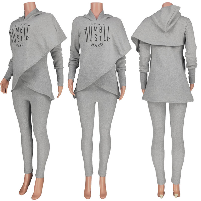 Ursuper 2021 новый модный Однотонный женский Асимметричный комплект из двух частей с капюшоном и длинным рукавом из полиэстера с аппликацией