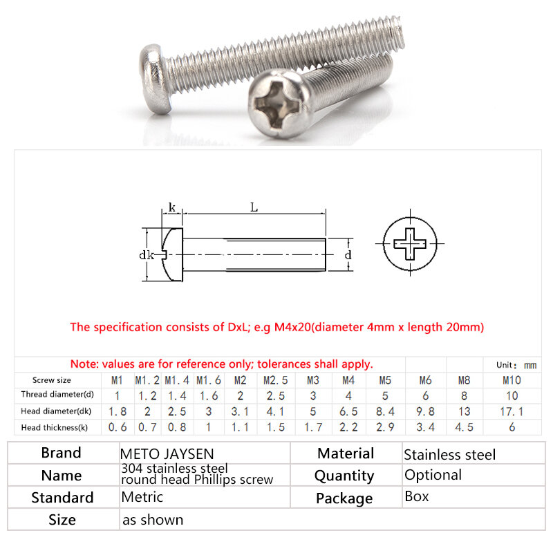 304 Stainless Steel Cross Recessed Pan Head Screws M5 Phillips Round Head Bolts Machine Screw Length 6mm-70mm