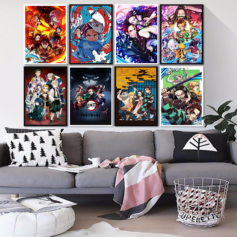 Japońskie Anime Demon Slayer plakat z obrazem ozdoby do dekoracji wnętrz HD jakość płótno malarstwo sypialnia salon dzieci pokój ściana za sofą wystrój