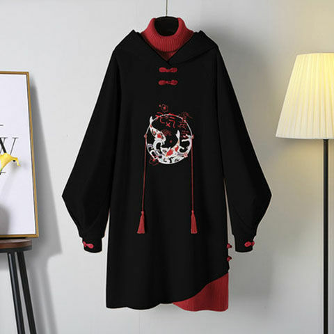 여성용 중간 길이 치파오 후드 드레스, 플러스 사이즈, 중국 전통 스타일 치파오 개량 드레스, 2021 신상 패션, 가을 겨울