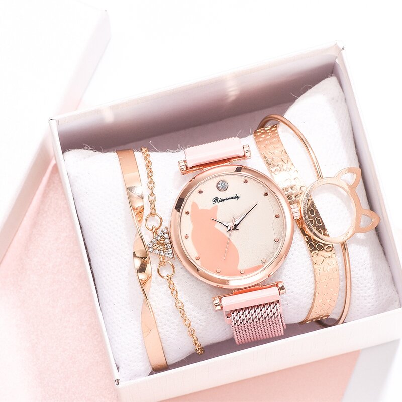 Комплект модных наручных часов для женщин, кварцевые роскошные повседневные дамские часы с сетчатым браслетом и кошачьим циферблатом, 5 шт.