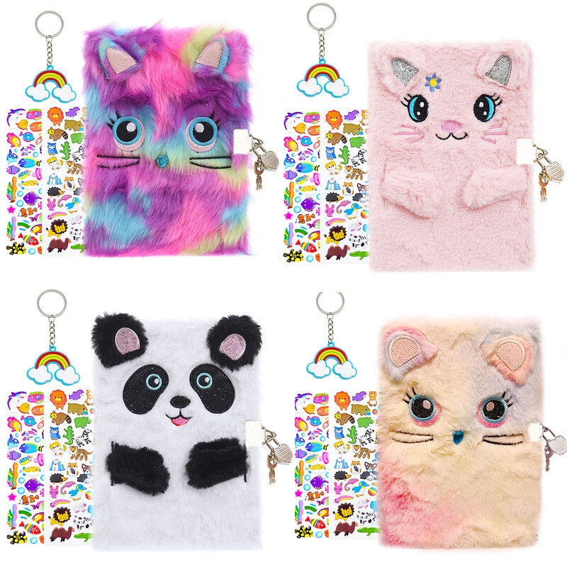 Cute Plush Diary Secret Notebook with Lock and Key for Kids Girls Boys Fuzzy Note Book Stationery Gift & 1 Keychain + 2 Stickers
