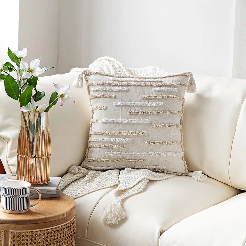 Funda de cojín de estilo bohemio, cubierta de almohada de 45x45cm/30x50cm, borlas de lino y algodón, Beige, para decoración del hogar, sofá cama