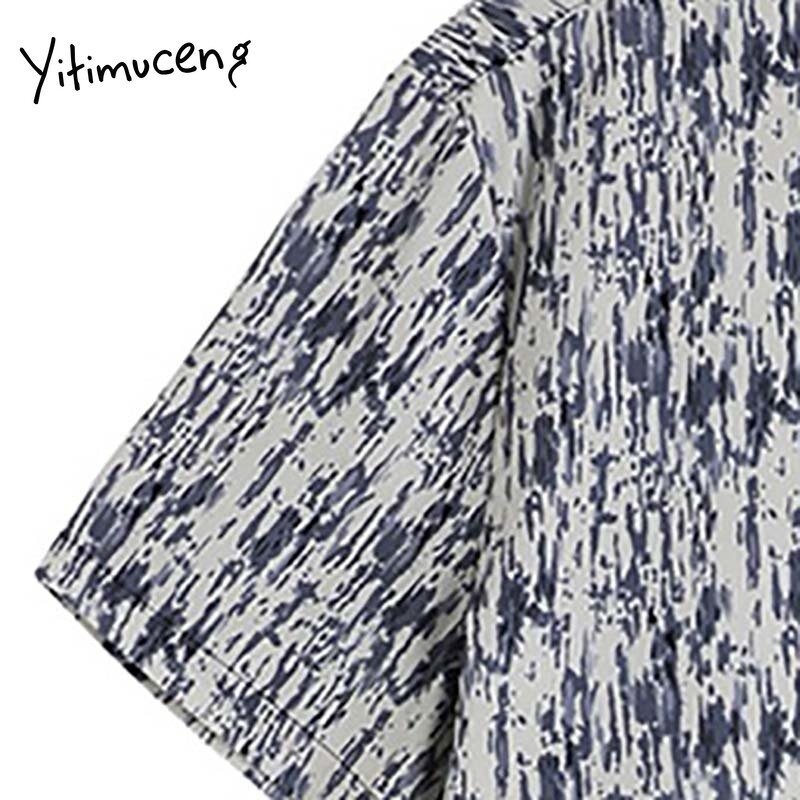 Yitimuceng houndstooth blusa feminina vintage emendado botão de impressão até camisas soltas 2021 verão coreano moda manga curta topos