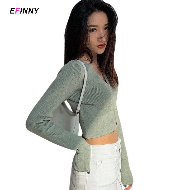 Pull fin tricoté de Style coréen pour femme, haut court, Cardigan, couleur unie, Streetwear ample et Chic, 2021