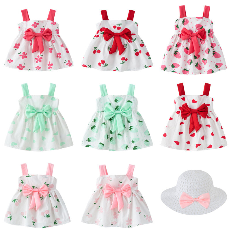New Baby Dress Cute Pink Red Green Print Suspender Skirt Girls Bow Knot A-Line Princess Dress Baby Girl Clothes 1Y TO 4Y
