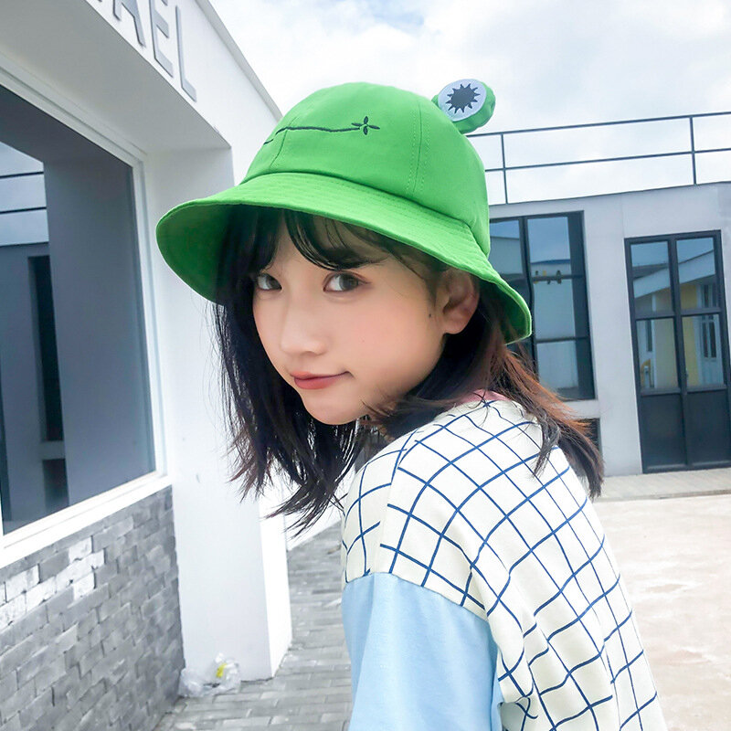 New Cute Frog Letter Bucket Hats Women Cover Fisherman Cap Hat for Adult Women Sunscreen Summer Outing Hat Present