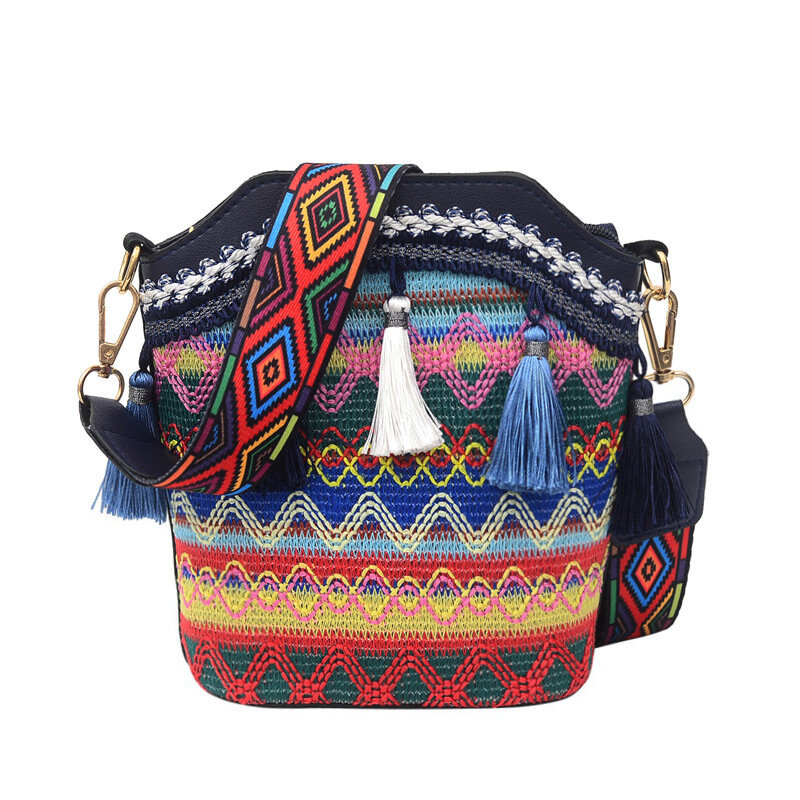 2021 Women Ethnic Style Fashion Beach Bag Knit Single Shoulder Bag Inclined Shoulder Bag Bucket Bag Bohemia