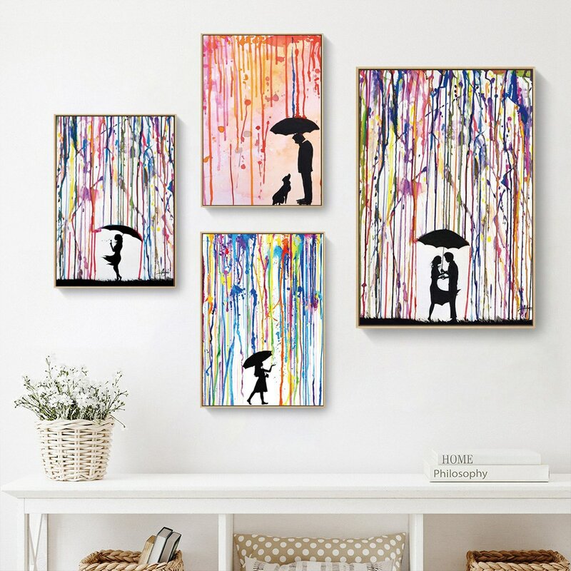 Nordic abstract oil painting rainbow lovers in the rain canvas painting Banksy poster living room corridor home decoration mural