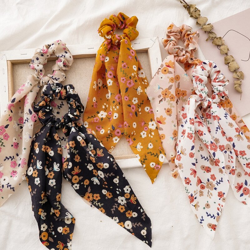 Women Scrunchies Floral Print Elastic Bow Hair Rope Girl Hair Ties Korean Sweet Hair Accessories Headwear