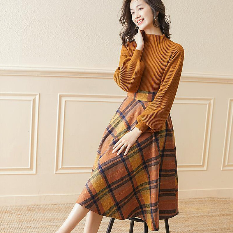Vangull inglaterra estilo feminino duas peças terno outono sólido manga longa malha pullovers xadrez lado zíper saias femininas dois conjuntos