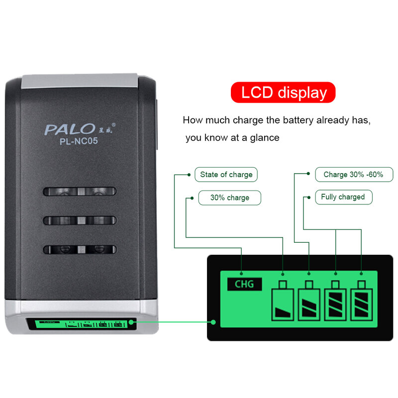 PALO-cargador de batería inteligente con 4 ranuras, dispositivo con pantalla LCD, 1,2 V, AA, AAA, NiCd, NiMh, recargable