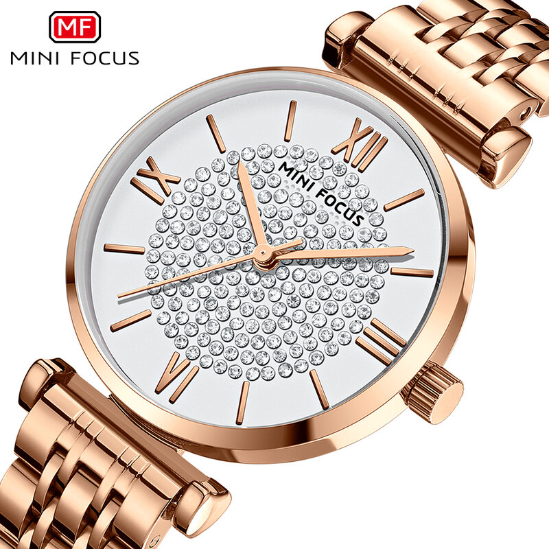 Mini foco elegante rosa ouro relógio de luxo para as mulheres moda cristal dial negócios pulseira aço inoxidável relógios de pulso casuais