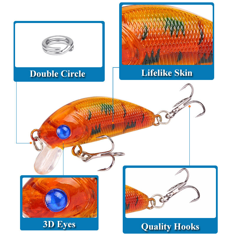 1 pz Minnow Fishing Lure 50mm 4.2g Topwater Hard Bait Wobbler Jig Bait 3D Eyes Crankbait Carp Striped Bass Pesca attrezzatura da Pesca