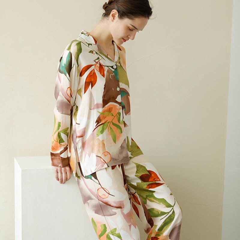 Primavera verão 2 peças conjunto de pijamas feminino folha de bordo impresso pijamas viscose senhoras conjunto de pijamas topo e calças femme casa terno