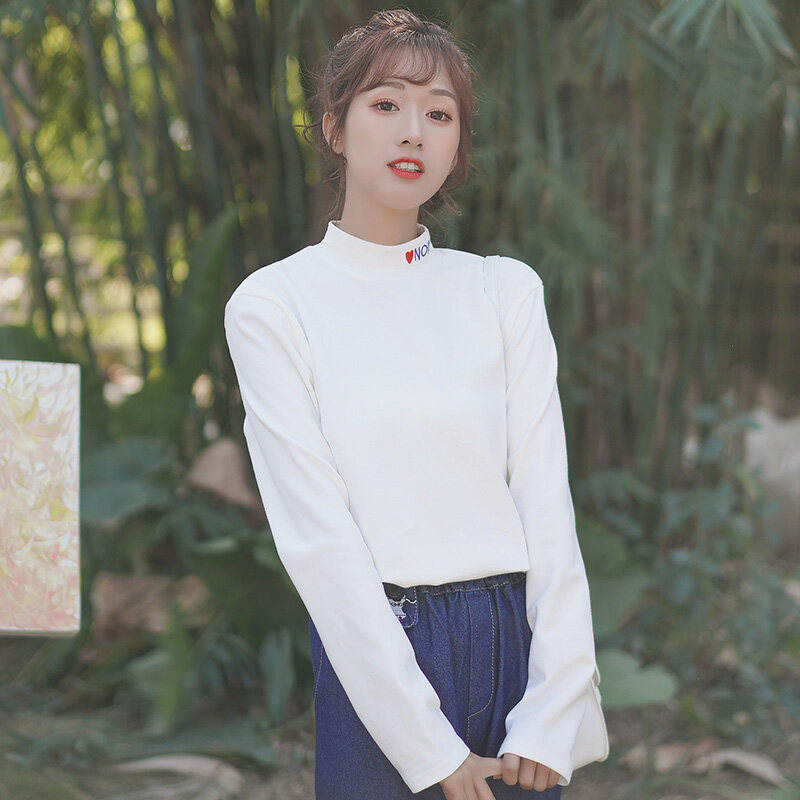 Chic Khaki 2020 Baru Musim Gugur dan Musim Dingin Huruf Turtleneck Bottoming Kemeja Hong Kong Gaya Lengan Panjang Pakaian Dalam Kaus Putih