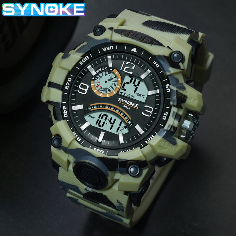 Synoke Mannen Sport Elektronische Analoge Digitale Horloge Multi Functionele Dual Display Outdoor Waterdichte Heren Horloge Grote Scherm