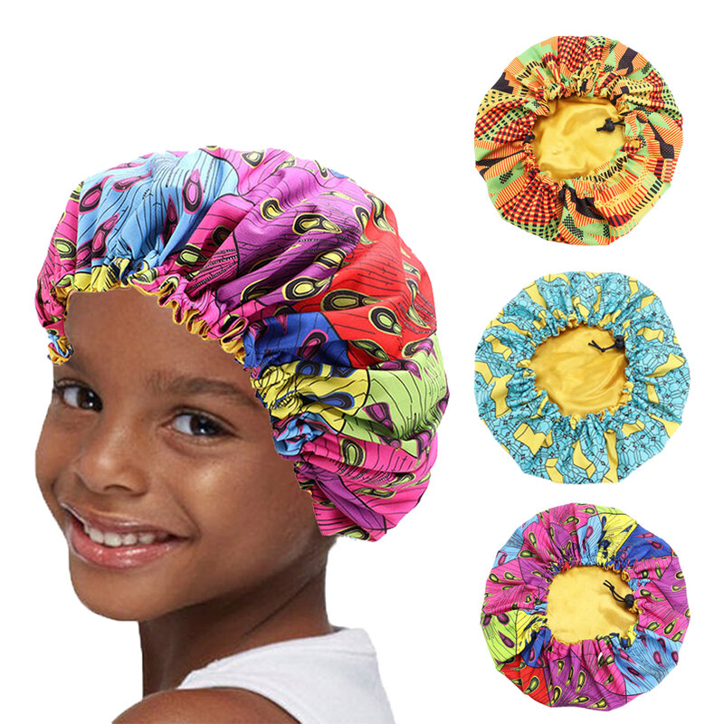 New Fashion Print Hair Bonnet Satin Silky Big Bonnet For Kids African Print Hair Accessories Children Sleep Cap Headwrap Hat