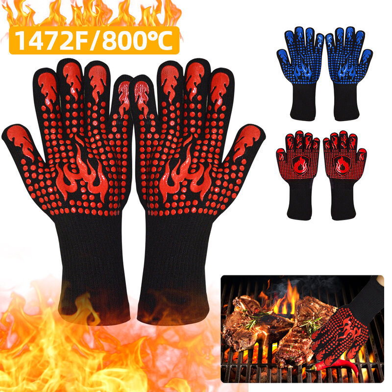 BBQ Grill Gloves High Temperature Resistance 800 Degrees Fireproof Heat Insulation Glove Cooking Baking Barbecue Microwave Oven