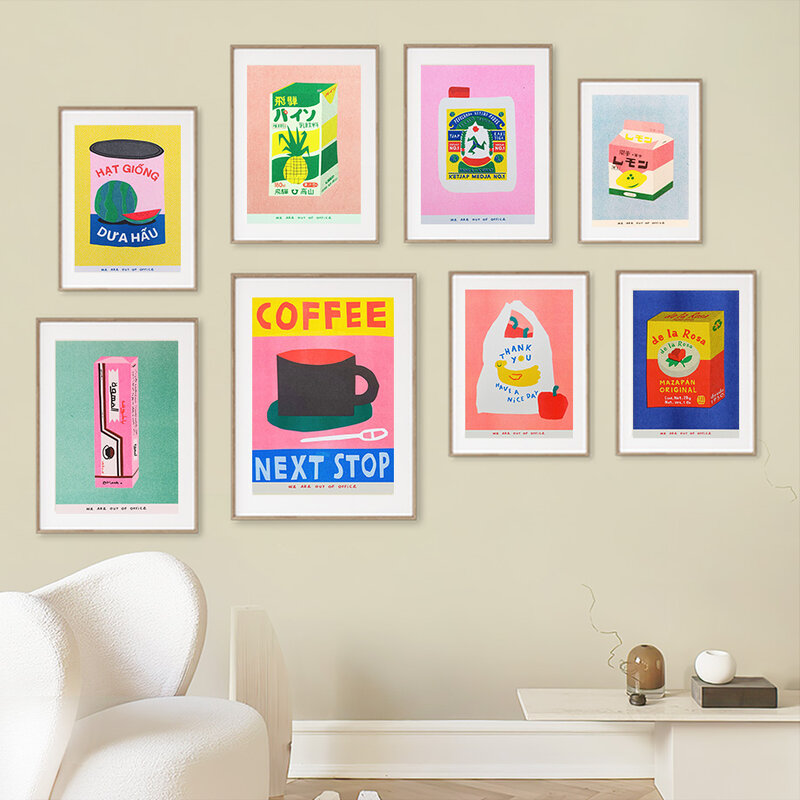 Pintura de arte de pared de piña japonesa, póster nórdico empaquetado, imagen impresa, decoración para sala de estar, zumo, café, sandía, Color enlatado