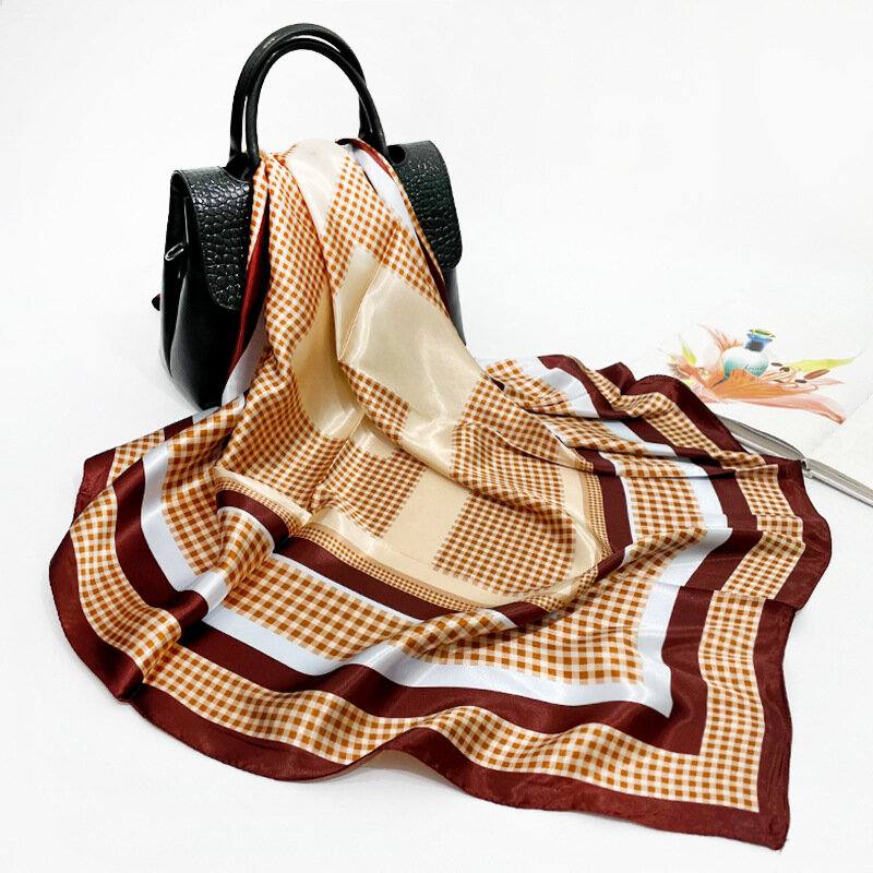 90*90cm lenço de seda para as mulheres 2021 novo xadrez impresso quadrado lenço de cetim de seda cachecol xale lenço de luxo designers