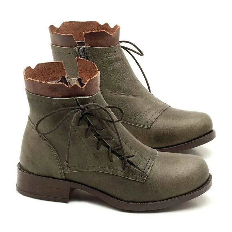 St-bottes courtes en cuir pour femme, chaussures Vintage à talon plat, confortables, à la mode, grandes tailles, collection automne