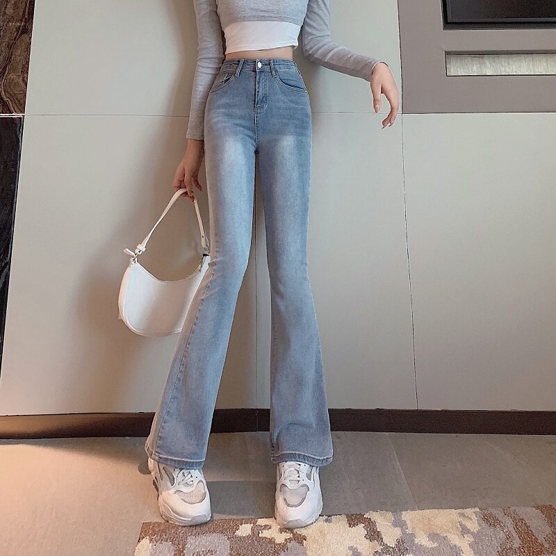 Jeans Wanita Biru Solid Seksi Jin Pinggang Tinggi Wanita Sederhana Panjang Penuh Ibu Koboi Denim Celana Menyala Mujer 2022 Musim Gugur 029B