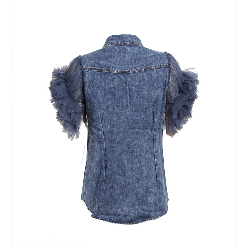 2020 夏新シックな糸フリル袖高品質デニムシャツ半袖シャツカジュアル女性のシャツ卸売