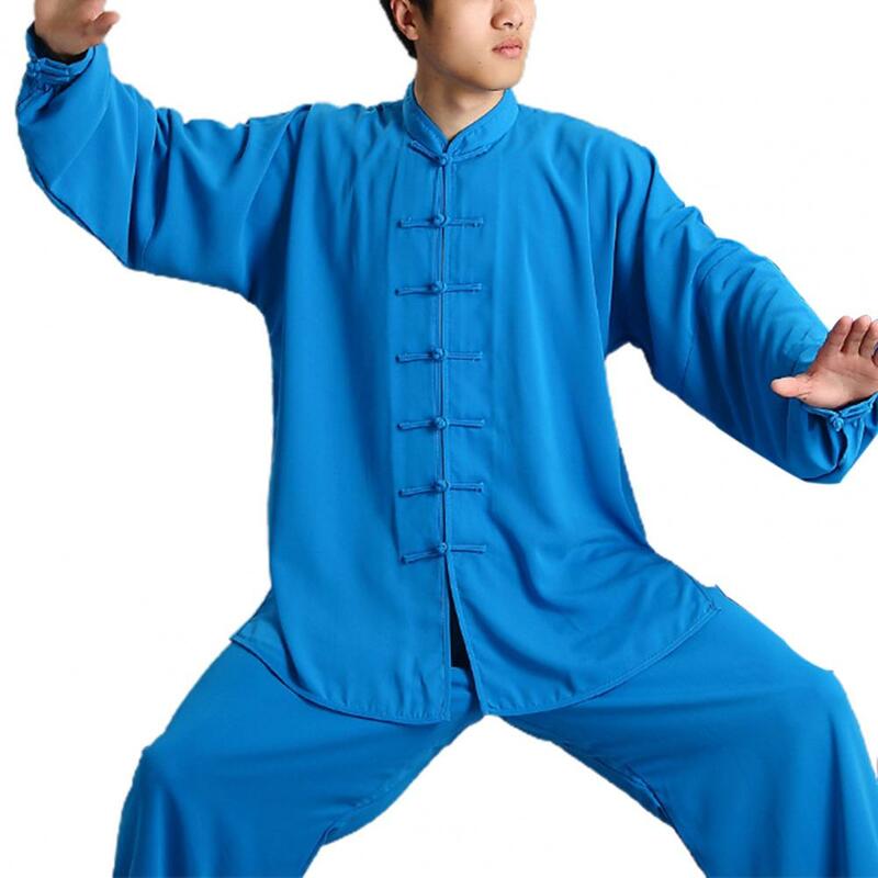 2Pcs/Set Unisex Button Placket Shirt Loose Solid Color Chinese Traditional Tai Chi Suit Kung Fu Wear