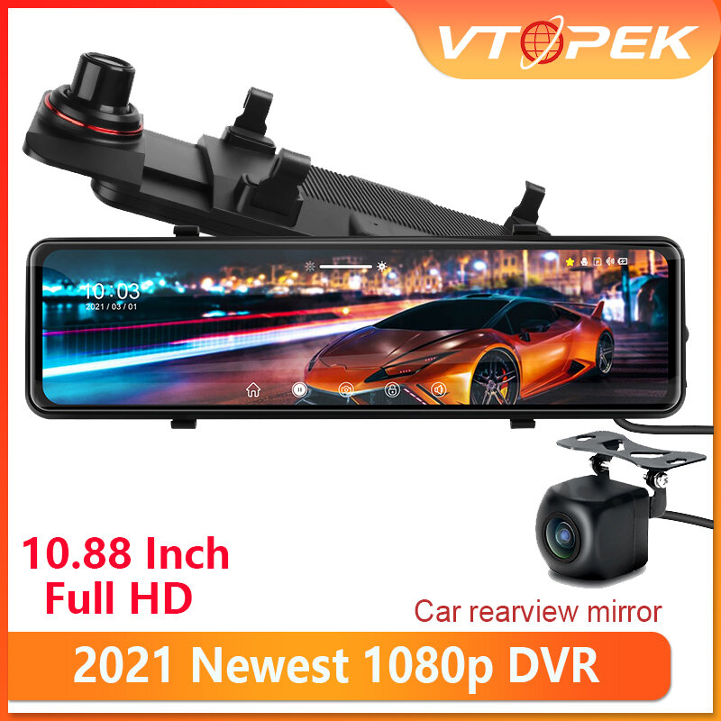 Vtopek – caméra de tableau de bord avec rétroviseur automatique, 10.88 pouces, dashcam, enregistreur Dvr, flux média, Full HD 1080P, Vision nocturne, double objectif