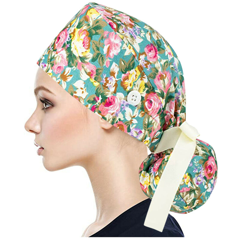 Drukuj długa osłona na włosy czapka sala operacyjna Scrubs kapelusz kobiety Eautician Chef czapki pielęgniarka nakrycia głowy Turban bawełna pielęgniarka czapki robocze