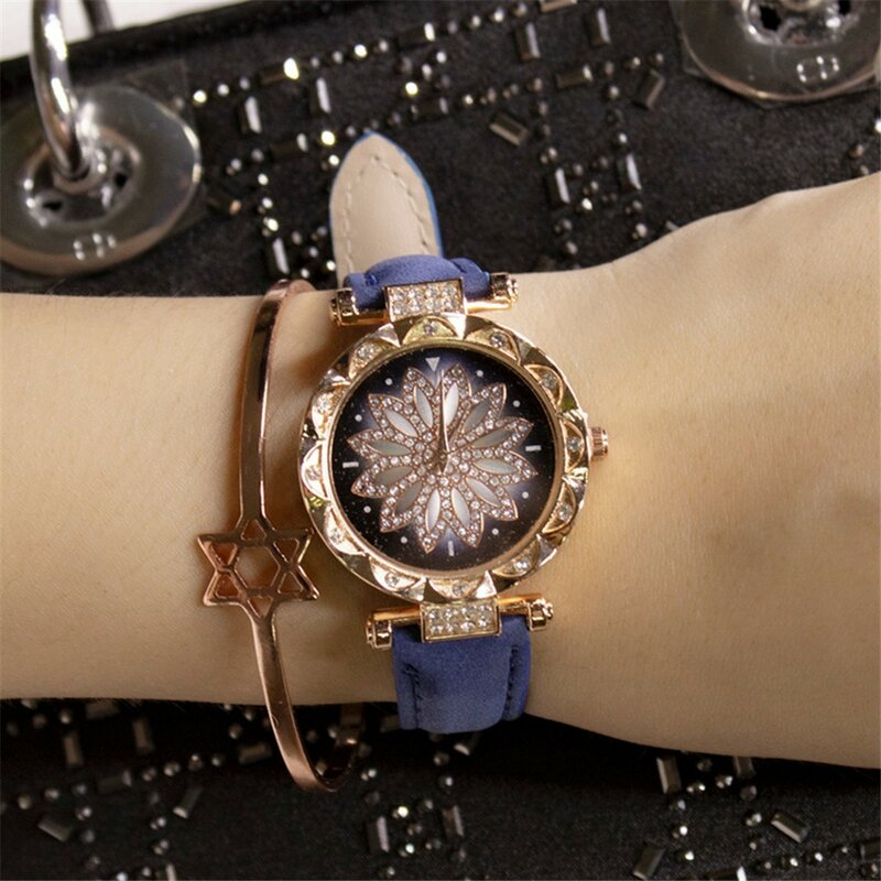 Relógio feminino luxuoso quartz com strass, pulseira de couro do céu estrelado