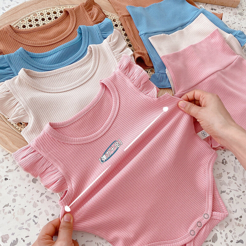 Yg-ropa de tejido elástico con dobladillo para niños, pantalones cortos de cintura alta de una pieza para bebé, traje de dos piezas