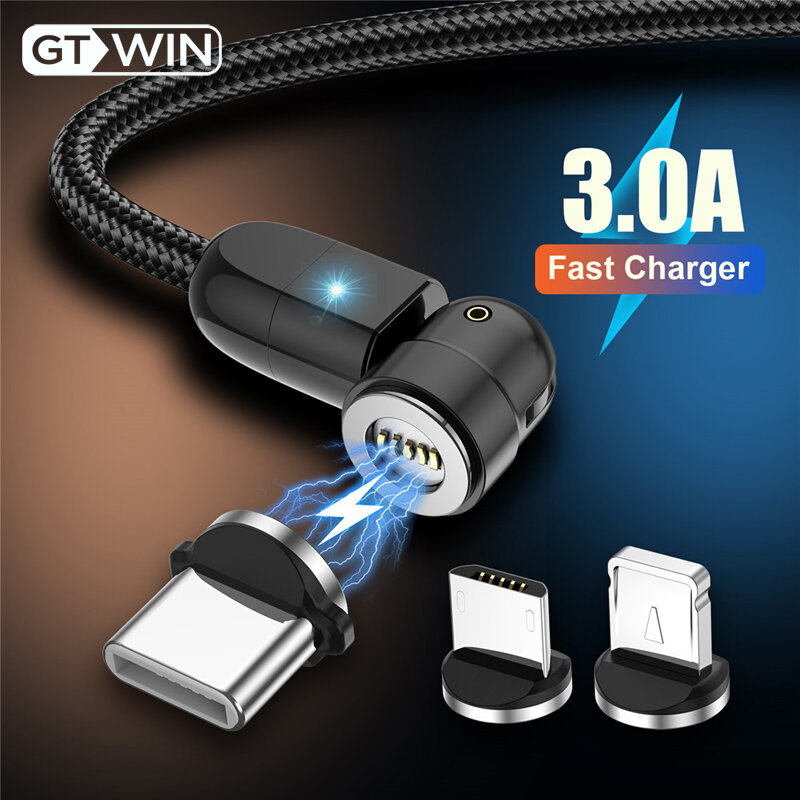 كابل USB مغناطيسي للشحن السريع GTWIN 3A شاحن مغناطيسي دوار 540 بطول 2 متر لهاتف IPhone شاومي وسامسونج كابل بيانات من النوع C