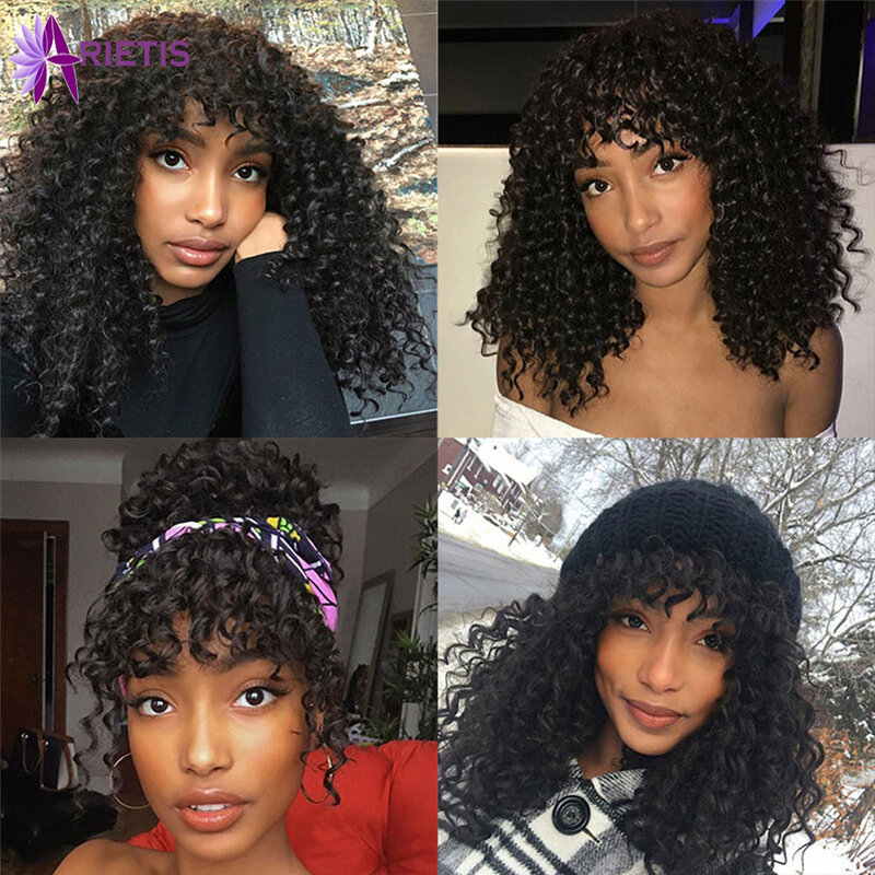 20"26"Inch Afro Kinky Curly Wig With Bangs Glueless None Lace Front Wig Human Hair Pre-Plucked For Black Women Full Machine Wig