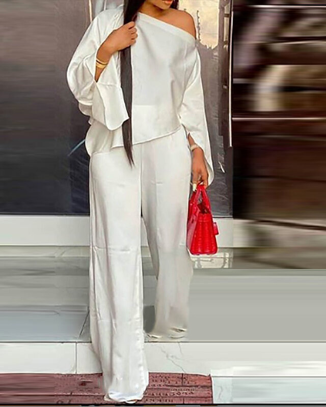 Женский комплект из 2-х предметов, Атласный топ на одно плечо с рукавом-колоколом и брюки, весна-осень 2021