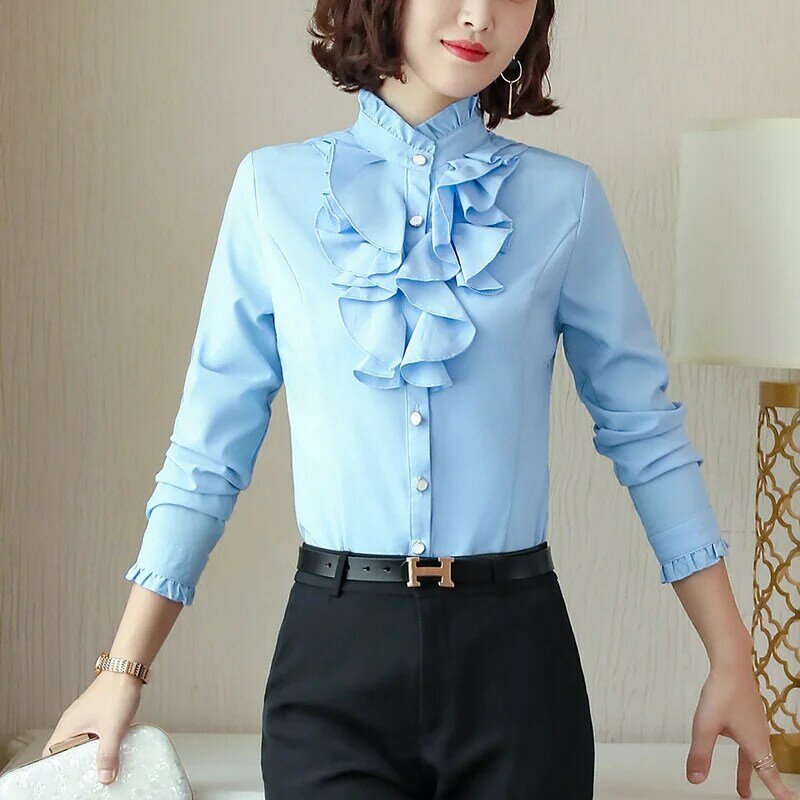 Blusa de mujer con volantes de manga larga, camisa Formal a la moda, blanca y azul, de talla grande, para oficina, primavera y otoño, 2021