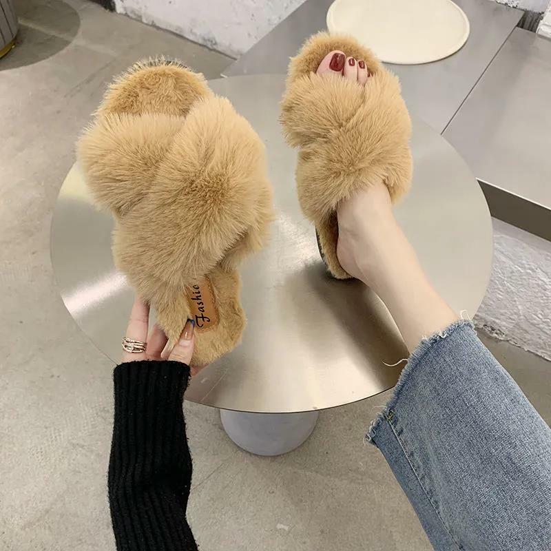 Furry Slippers For Women Fall Winte House Indoor Flat Bottom Shoes Fashion Warm Slip On Shoes Female Slides Cozy Home Slippers