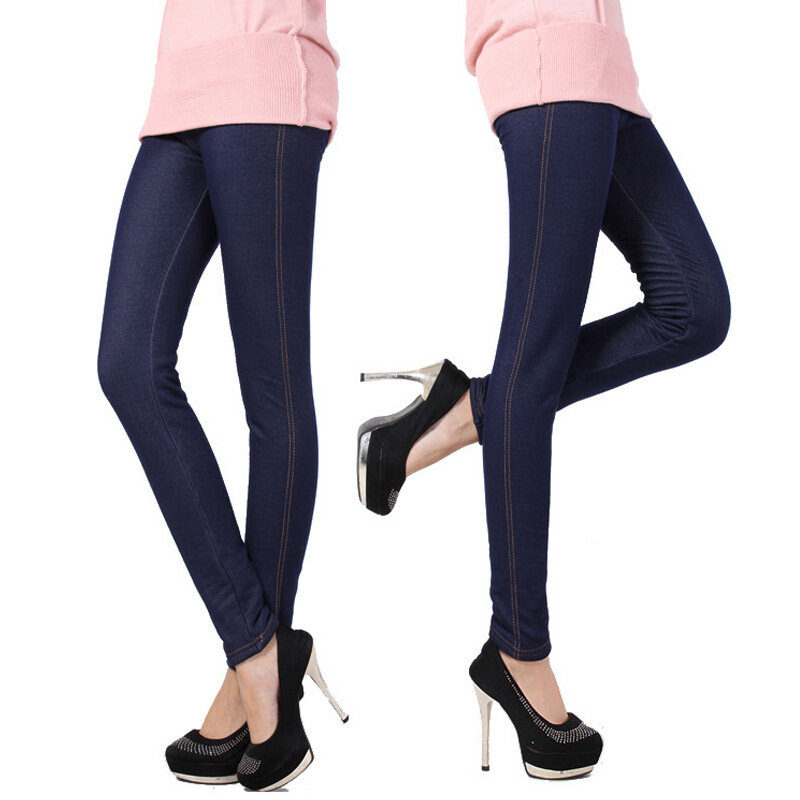 Pantalon en Faux jean pour femme, noir, uni, taille haute, crayon, chaud, épaississant, Leggings extensibles, 2021, hiver, LG-171