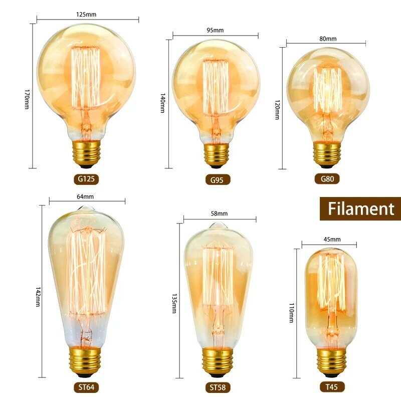 LARZI Retro Edison Light Bulb E27 220V 40W A19 A60 ST64 T10 T45 T185 G80 G95 Filament Vintage Ampoule Incandescent Bulb Lamp