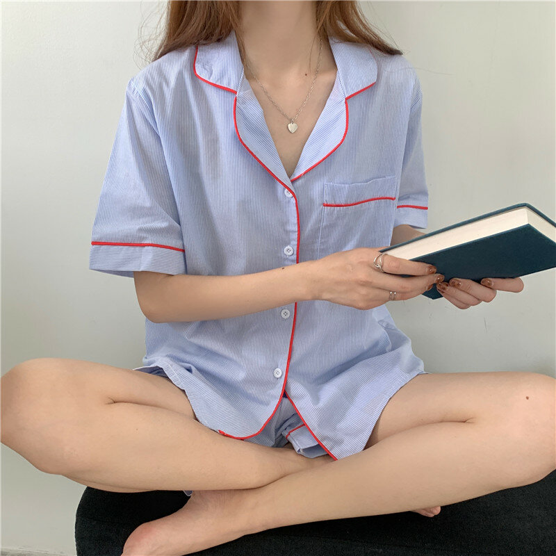 Xiali-pantalones cortos de manga corta para el hogar, ropa de dormir de estilo coreano, con solapa y borde cubierto, ligera con rayas