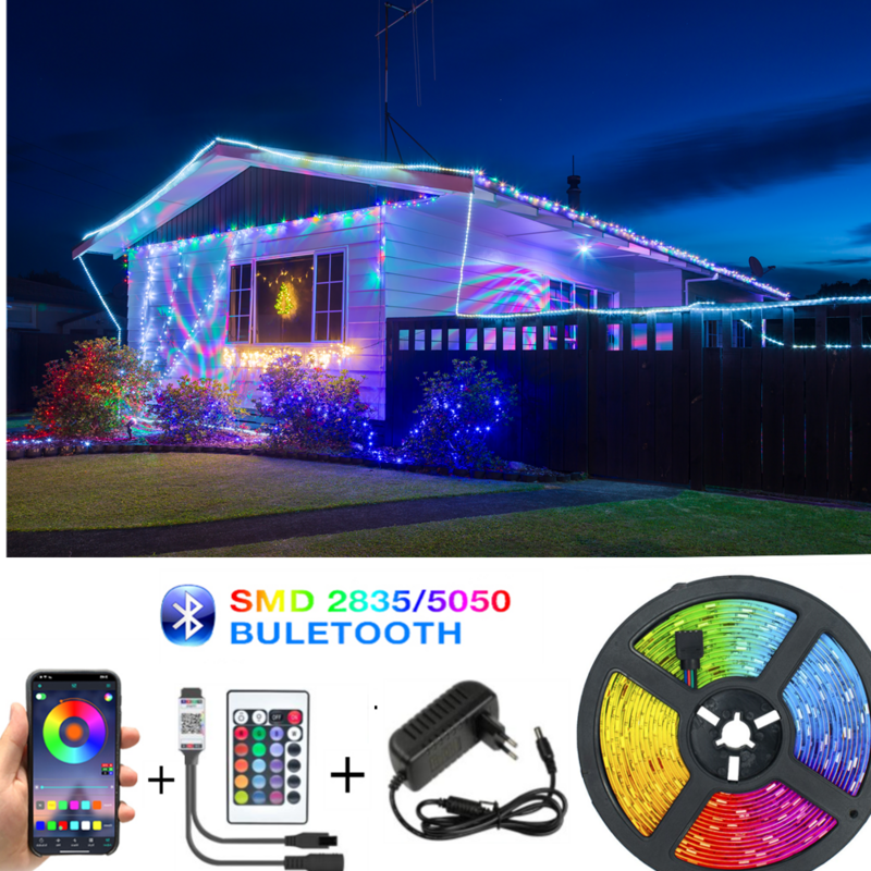 Strip LED Bluetooth RGB 5050 SMD 2835 Strip Pita Fleksibel DC 12V 7.5M 10M 15M 20M Dioda Pita Fleksibel Remote Control + Adaptor