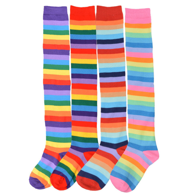 Long Socks Women Thigh Highs Socks Halloween Stockings Sexy Knee High Socks Stripe Dance Socks Fashion Rainbow Socks Happy Funny