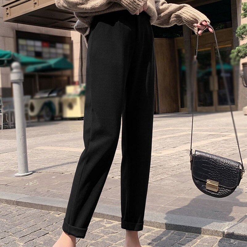 2XL Autumn Winter Korean Style Retro Casual High Waist Slim Straight Nine-Point Harem Pants Women's Black Pants Cotton Plus Size