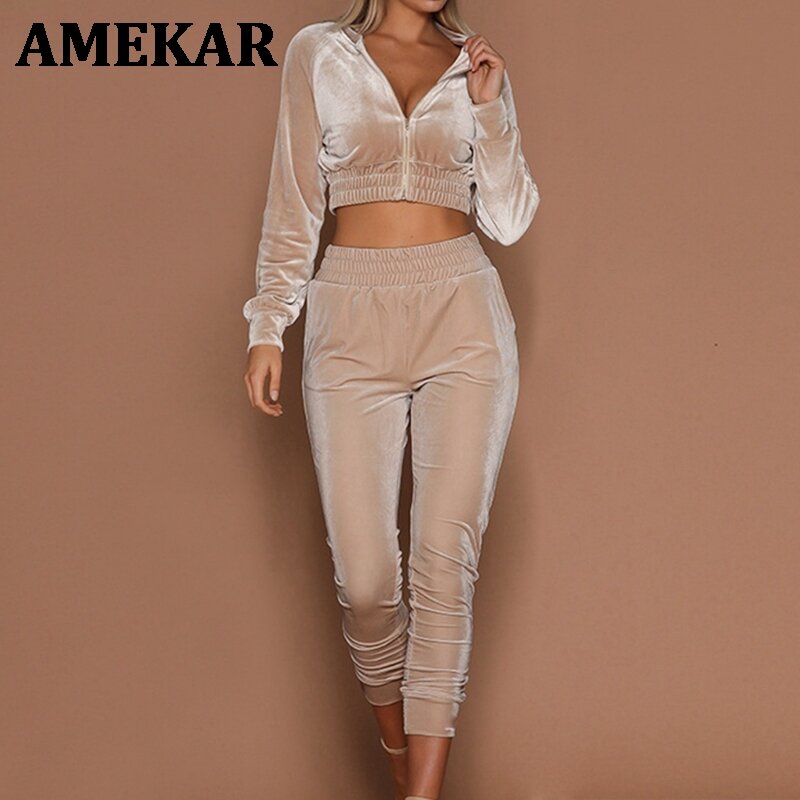 Women Tracksuit Zipper Hoodies Sweatshirt Pants 2 Pieces Set Fashion 2018 Female Cropped Top Pullover And Trousers Suits