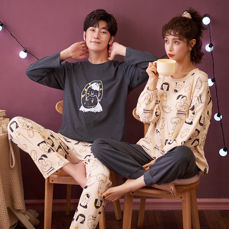 Nightwa casal dos desenhos animados pijamas de algodão feminino conjunto de pijama casual moda casa terno outono quente manga longa pijama bonito 2020 noite