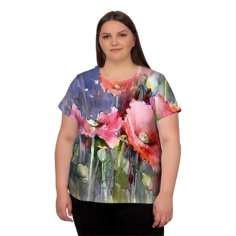 Kaus Musim Panas Besar Kasual 4XL Kaus Cetak Bunga Wanita Baru 2022 Atasan Katun Wanita Leher-o Lengan Pendek Pakaian Ukuran Plus