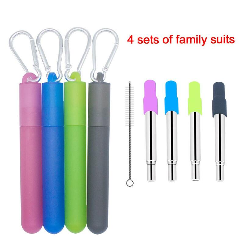 4 Sets of Stainless Steel Reusable Retractable Three-section Straws with Nozzle and Cleaning brush Plastic Box and Key Ring