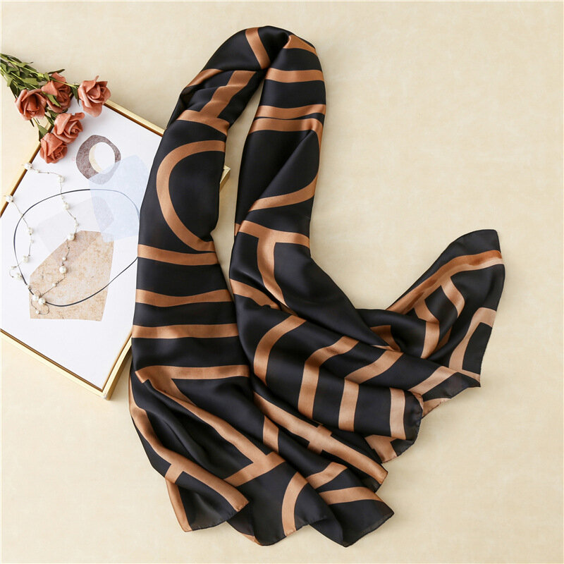Bufanda de seda para mujer, chal protector solar con estampado geométrico, tira larga de seda de imitación, regalo, 90x180cm, novedad de 2021
